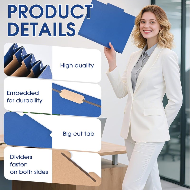 Cesil Pressboard Classification File Folders, 12pcs 3 Dividers Blue File Folders Letter Size with 2 Prongs Fastener, Heavy Duty Office File Organizer for Teacher School Medical Employee File Folers - Image 4